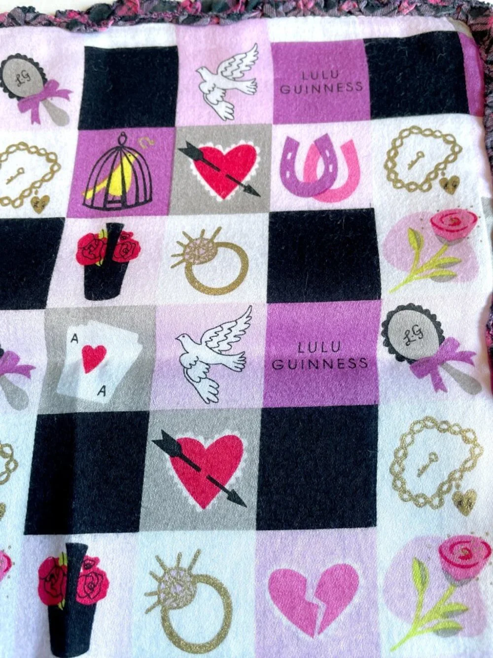 Lulu Guinness London Scarf – Retro Pink Check Pattern, Ruffle Border - Picture 9 of 12